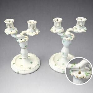 Herend Apponyi Green 2-Light Candlesticks Pair Hungary Hand Painted – 1 Repaired